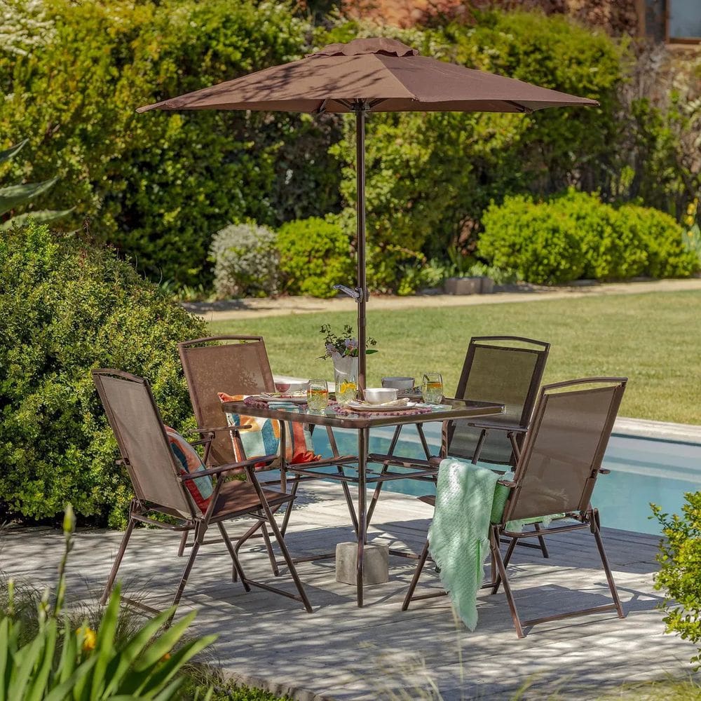 Conjunto De Jardim 6 Pecas Mesa Cadeiras E Ombrelone Marrom