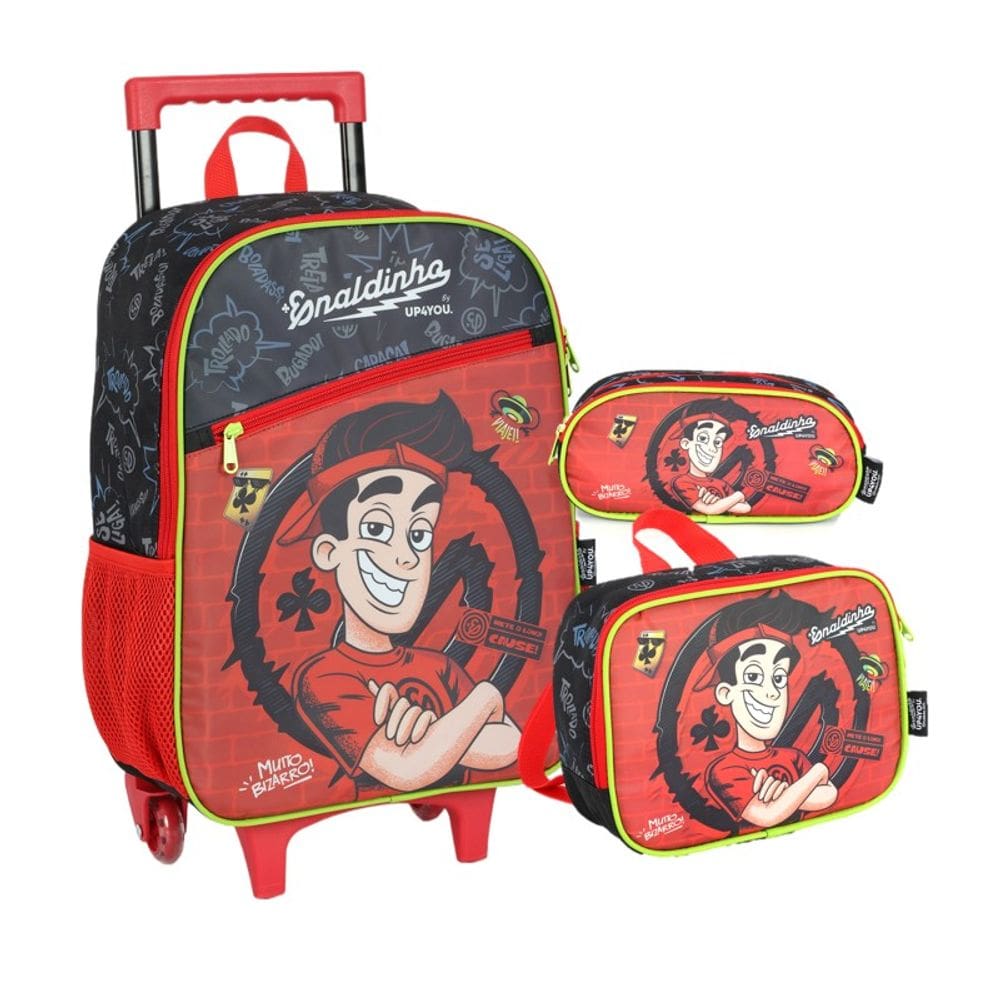 KIT Escolar COMPLETO Enaldinho UP4YOU 3 Peças: Mochila Rodinhas G + Lancheira Térmica + Estojo Box Youtuber