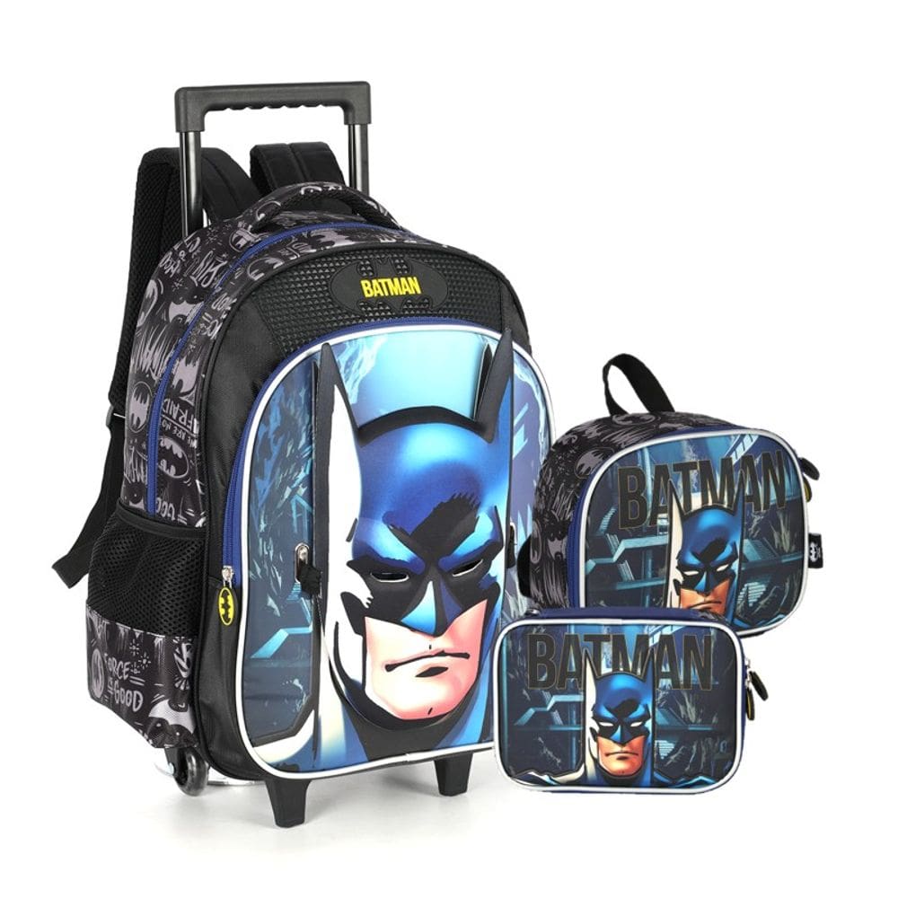KIT Escolar COMPLETO Batman Luxcel 3 Peças: Mochila de Rodinhas G + Lancheira Térmica + Estojo Box Organizador