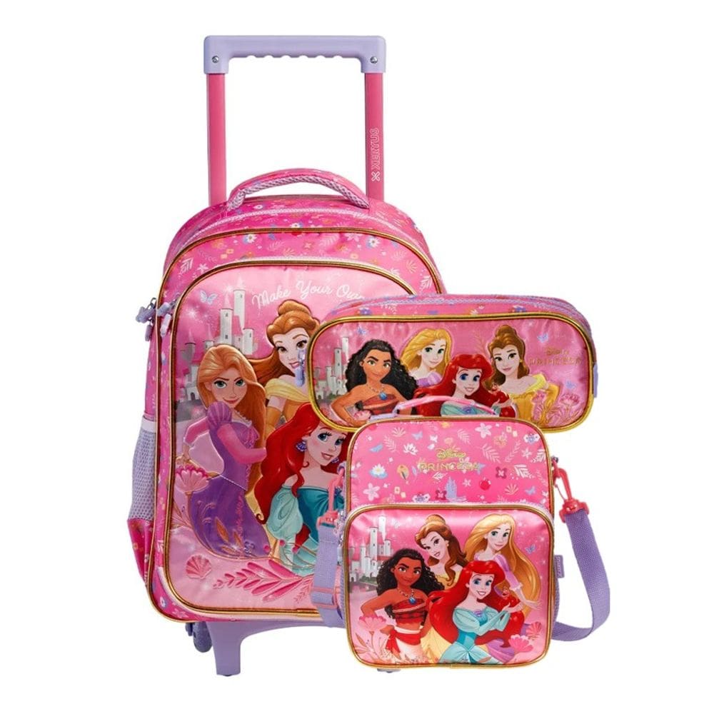 Kit Escolar Princesas Disney 3 em 1: Mochila Rodinhas, Lancheira e Estojo Xeryus