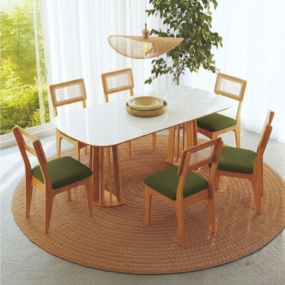 Conjunto de Mesa Oval com 6 Cadeiras 100% Mdf com Encosto Telado Bolonha Freijó/Verde/Off White
