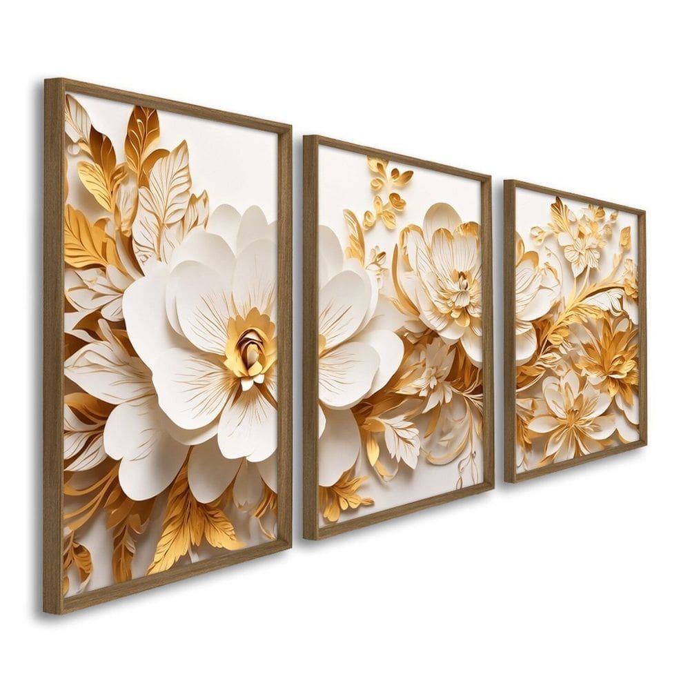 Quadro Decorativo Delicado Flores 3 Telas 60x90 para Quarto Sala Recepção