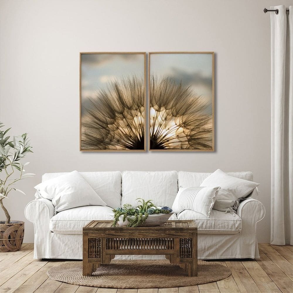 Quadro Decorativo Paisagem Sol e Dentes de Leão 2 Telas 60x90cm para Sala Casa de Praia Lavabo