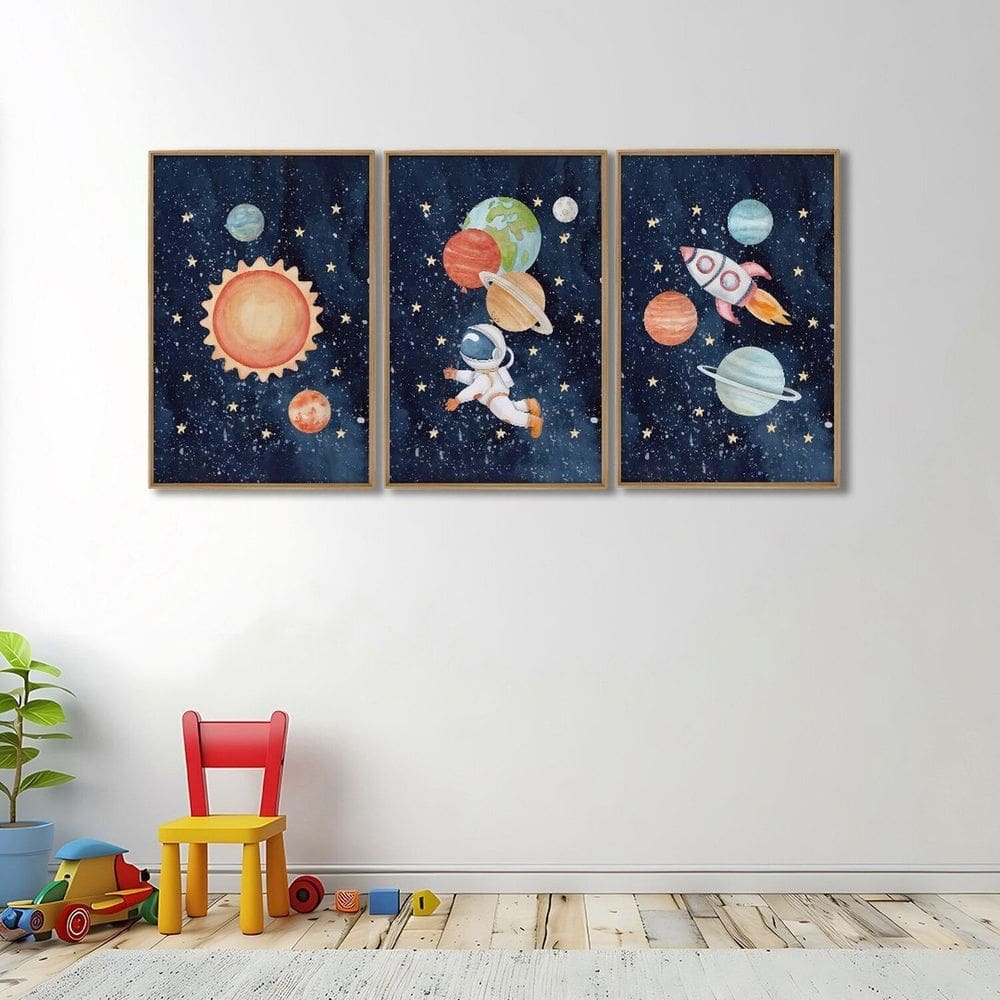 Quadro Decorativo Infantil Aventura Espacial 3 Telas 60x90 Cm para Escola Maternidade Brinquedoteca