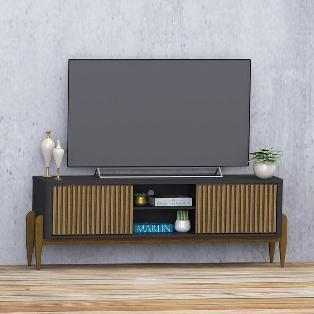 Painel Ripado Led para Tv até 70” + Rack Ripado Sereno 1600 com Portas Deslizantes London Preto Acetinado/Cedro Freijó Acetinado