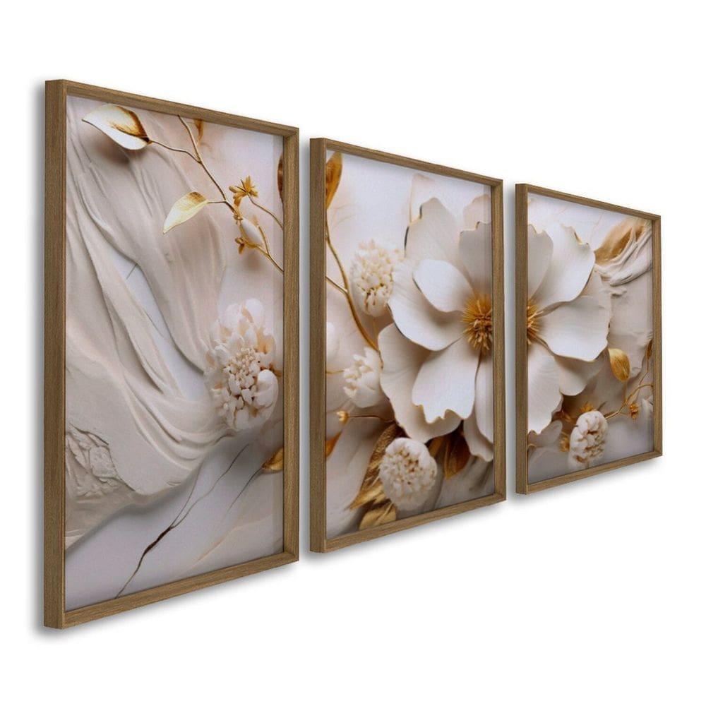 Quadro Decorativo Delicado Floral 3 Telas 60x90cm para Sala Quarto Escritório