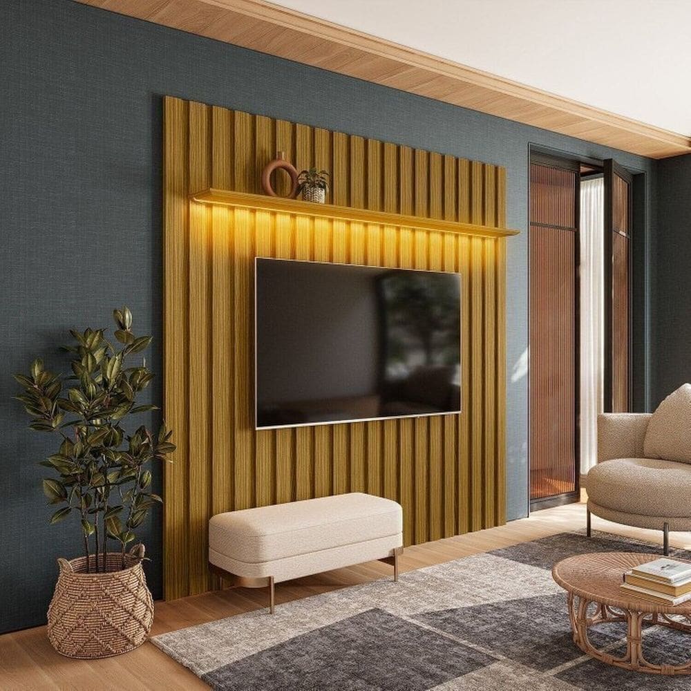 Painel Ripado London para Tvs até 70” + Rack Ripado Sereno 1600 com Portas Deslizantes Led Cedro Freijó Acetinado