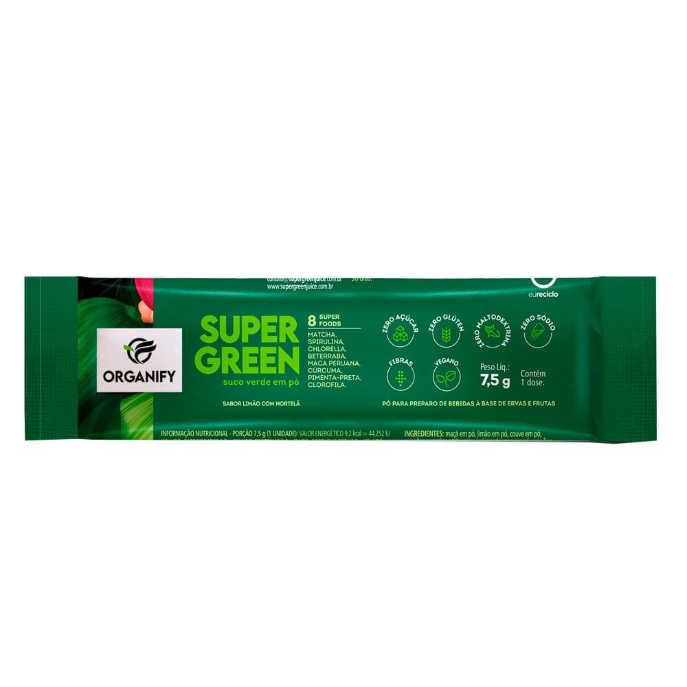 Suco Verde Super Green Organify em Po Sabor Limão com Hortelã Saché 7,5ml