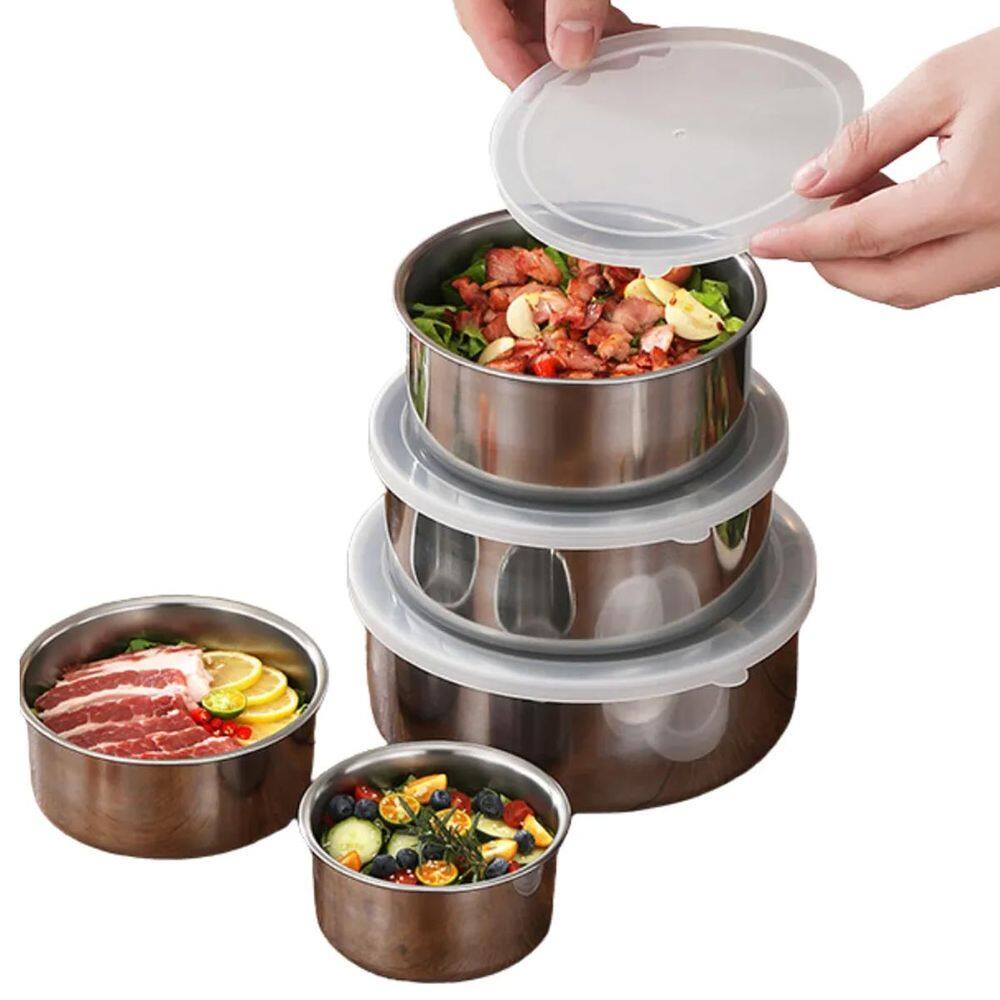 Jogo 5 Potes Inox com Tampa Conjunto Marmita Vasilha Empilhavel Armazenamento Refeiçao Alimento Organizaçao Resistente