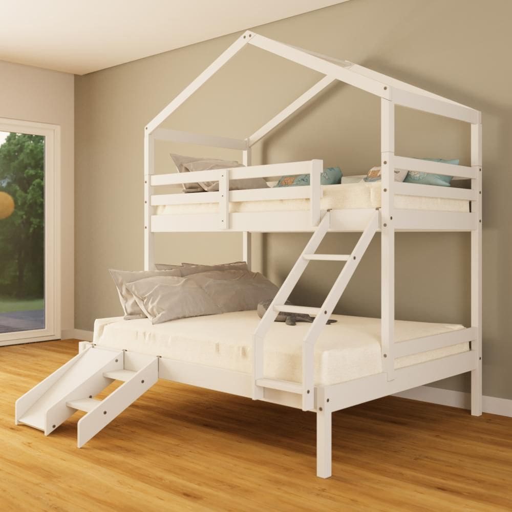 Beliche Casal/ Solteiro Casinha com Kit Escada/Escorregador Madeira Maciça Branco Megamobilia