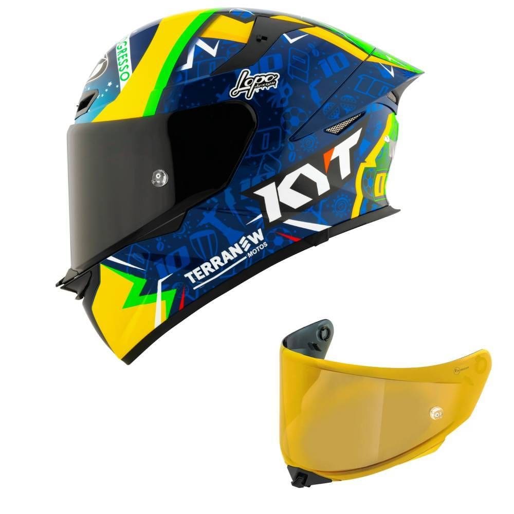Capacete KYT TT Revo Diogo Moreira 2024 Azul e Amarelo Mais Viseira Dourada