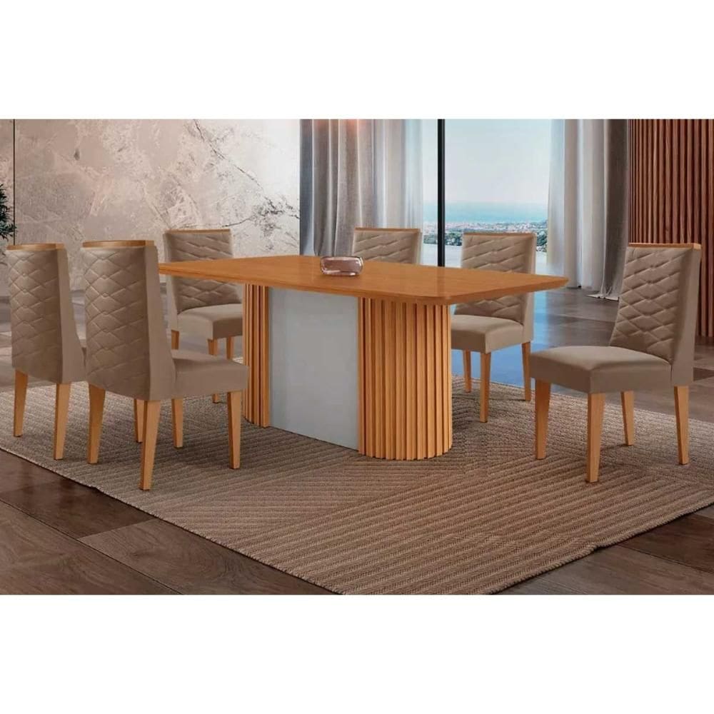 Conjunto Sala de Jantar Pilar c/ Tampo Madeirado Canto Curvo 180x90cm e 6 Cadeiras Dafne Madeira Maciça Naturale/Off White - Capuccino/Suede Capuccino