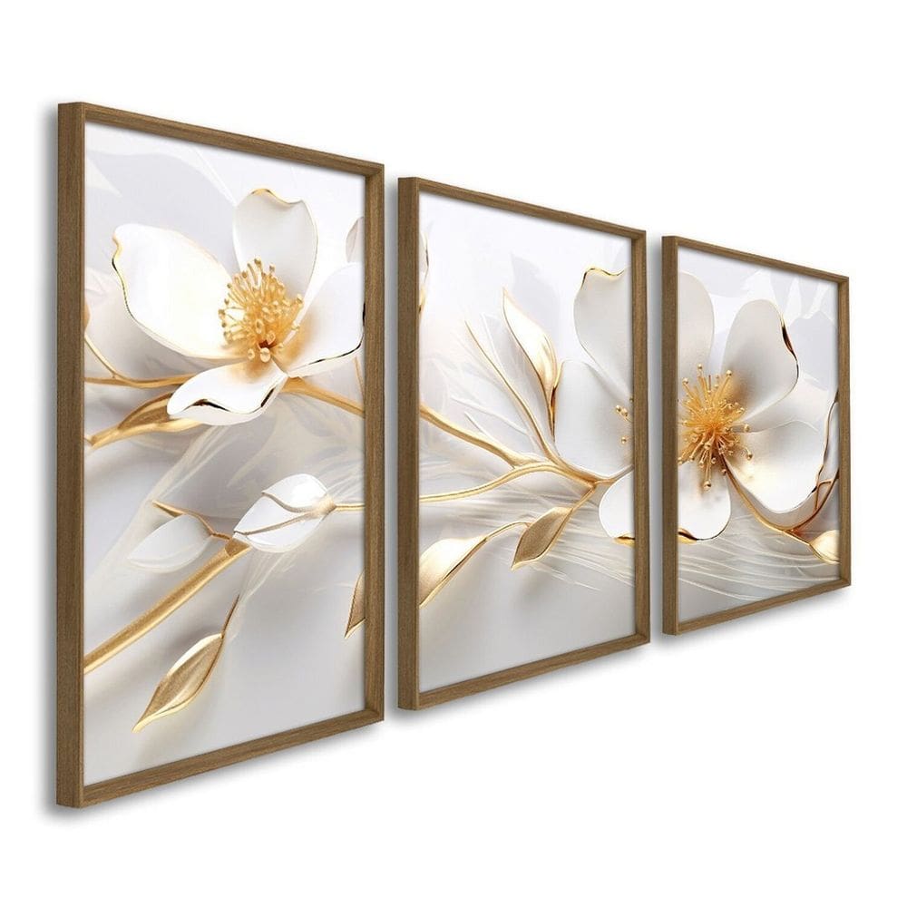 Quadro Decorativo Floral Delicado Magnólias 3 Telas 60x90 para Sala Quarto Escritório