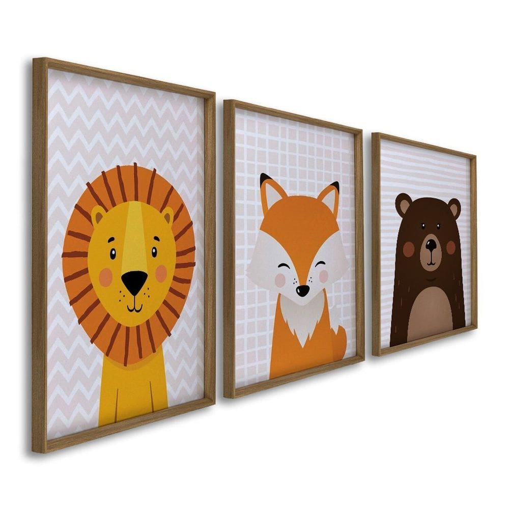 Quadro Decorativo Infantil Amigos da Selva 3 Telas 60x90cm para Quarto Sala Brinquedoteca