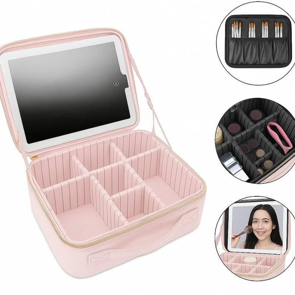 Maleta Rosa Organizador Para Maquiagem Espelho Com Led Usb