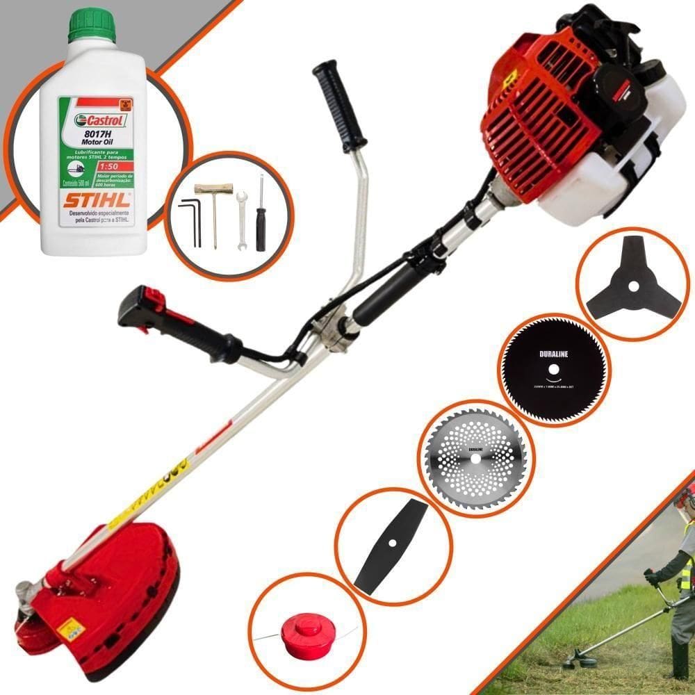 Roçadeira Profissional Kawashima Kw43l À Gasolina 43c 1,7hp + Faca 2 Pontas 330mm + Faca 40 Dentes 255mm + Faca 80 Dent