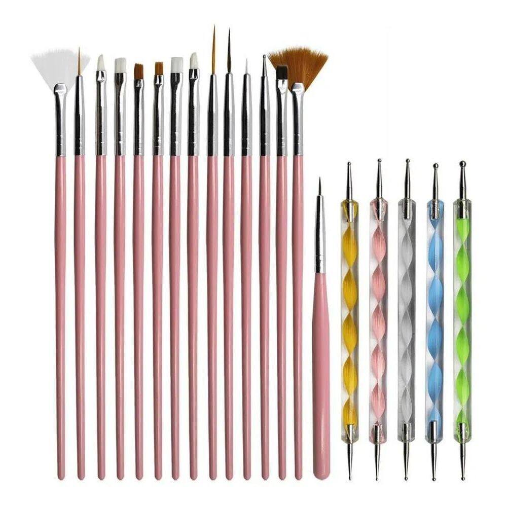 10X Kit 15 Pincéis Decoração De Unhas + 5 Boleadores Ponta
