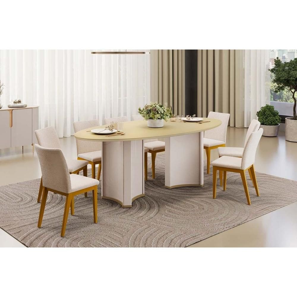 Sala de Jantar Completa Liz c/ Tampo Madeirado c/ Vidro Oval 218x108cm e 8 Cadeiras Vitória Off White/Dourado - Ipe/Boucle Perola - DJ Móveis