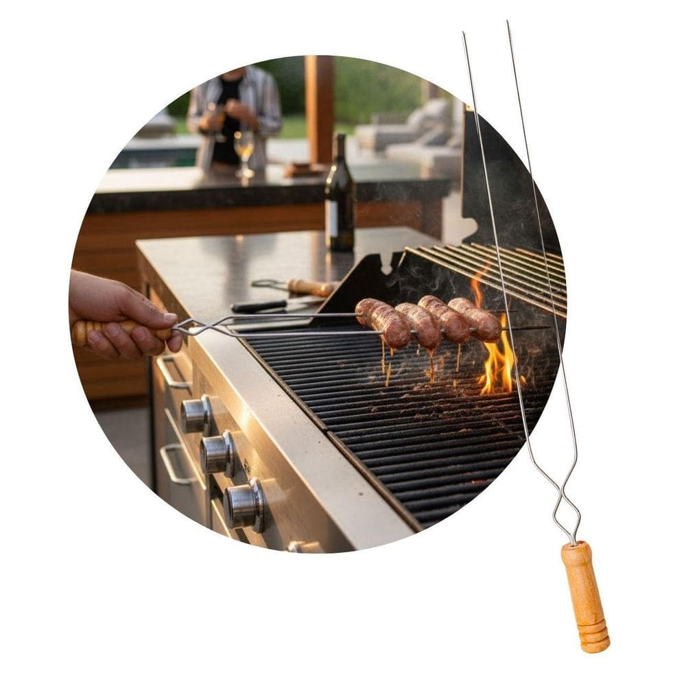 Espeto Pra Churrasco Alumínio Duplo 55Cm Dragão Cabo Madeira