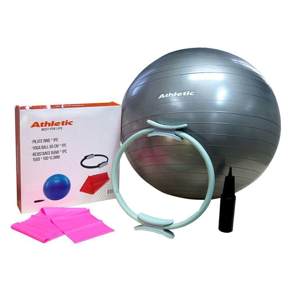 Kit Pilates Yoga Athletic Anel De Pilates 38cm + Bola De Ginástica 65cm Com Bomba + Faixa Elástica
