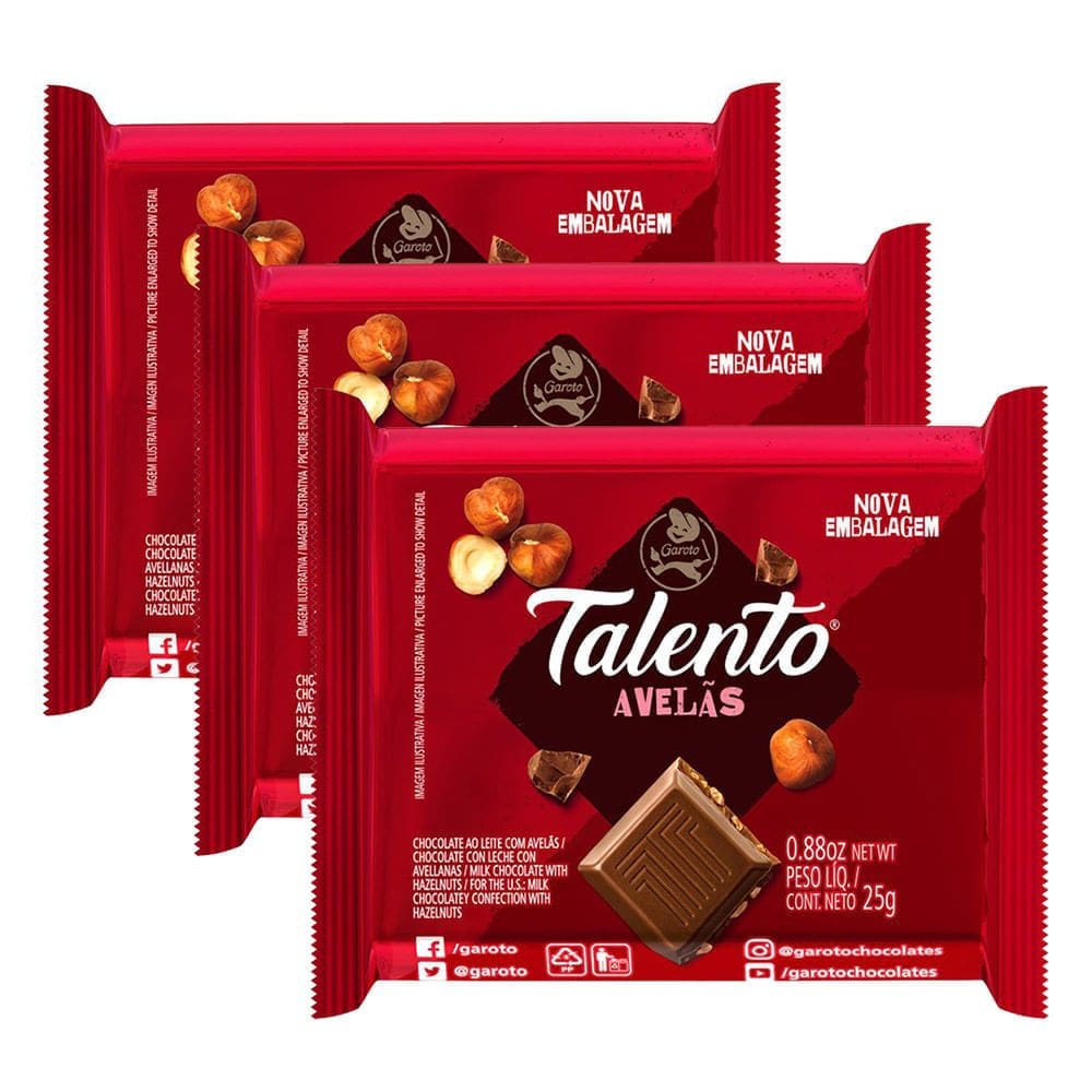 Kit 3 Chocolate Garoto Talento ao Leite com Avelãs 25g