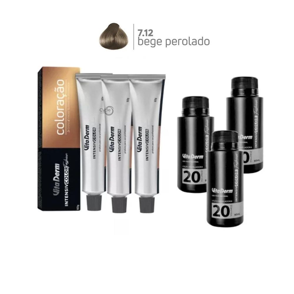 3 Colorações Vita Derm 7.12 + 3 Ox Vita Derm 20 Vol 90Ml