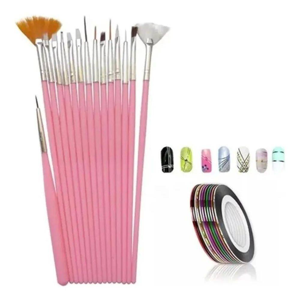 3X 15 Pinceis Decoração De Unhas + 05 Fitas Metalizadas