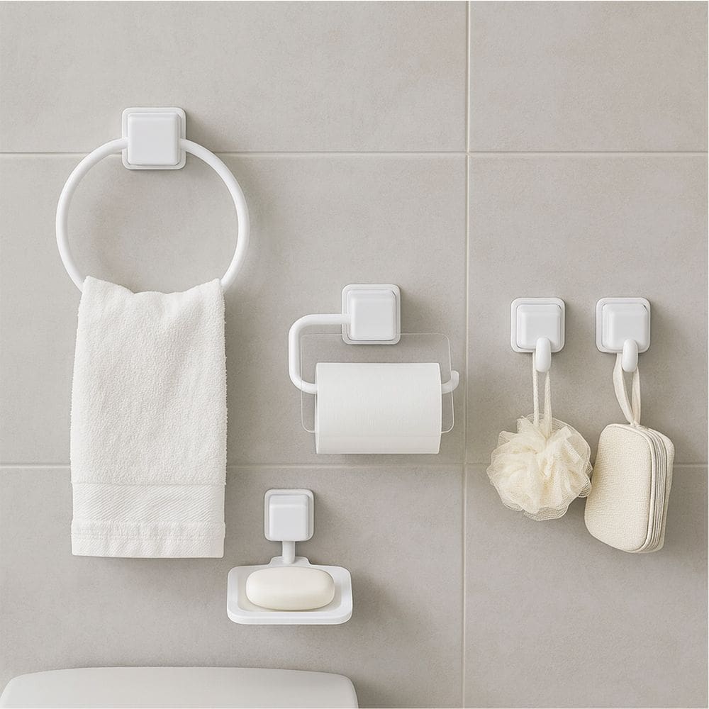 Kit de acessórios para banheiro Branco com 5 peças: argola, papeleira com tampa, saboneteira e 2 ganchos.