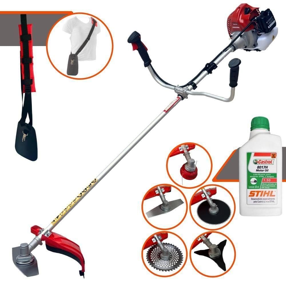 Roçadeira À Gasolina Kawashima Bcj 620l 62cc 3hp 2t + Faca 3 Pontas 255mm + Faca 40 Dentes 255mm + Faca 80 Dentes 255mm