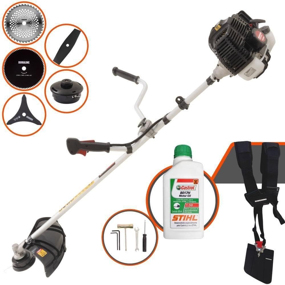Roçadeira Profissional Lateral Kawashima Kw52le À Gasolina 52c 2,5hp 2t + Faca 2 Pontas + Faca 40 Dentes + Faca 80 Dent