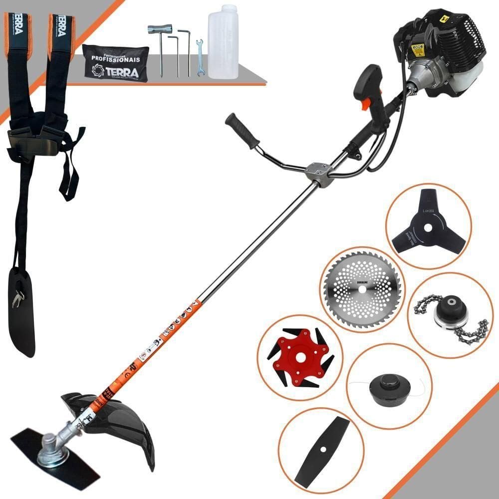 Roçadeira Profissional Lateral Terra Grh520 À Gasolina 52cc 2t 2,5hp + Faca 3 Pontas 255mm + Faca 40 Dentes 255mm + Tri