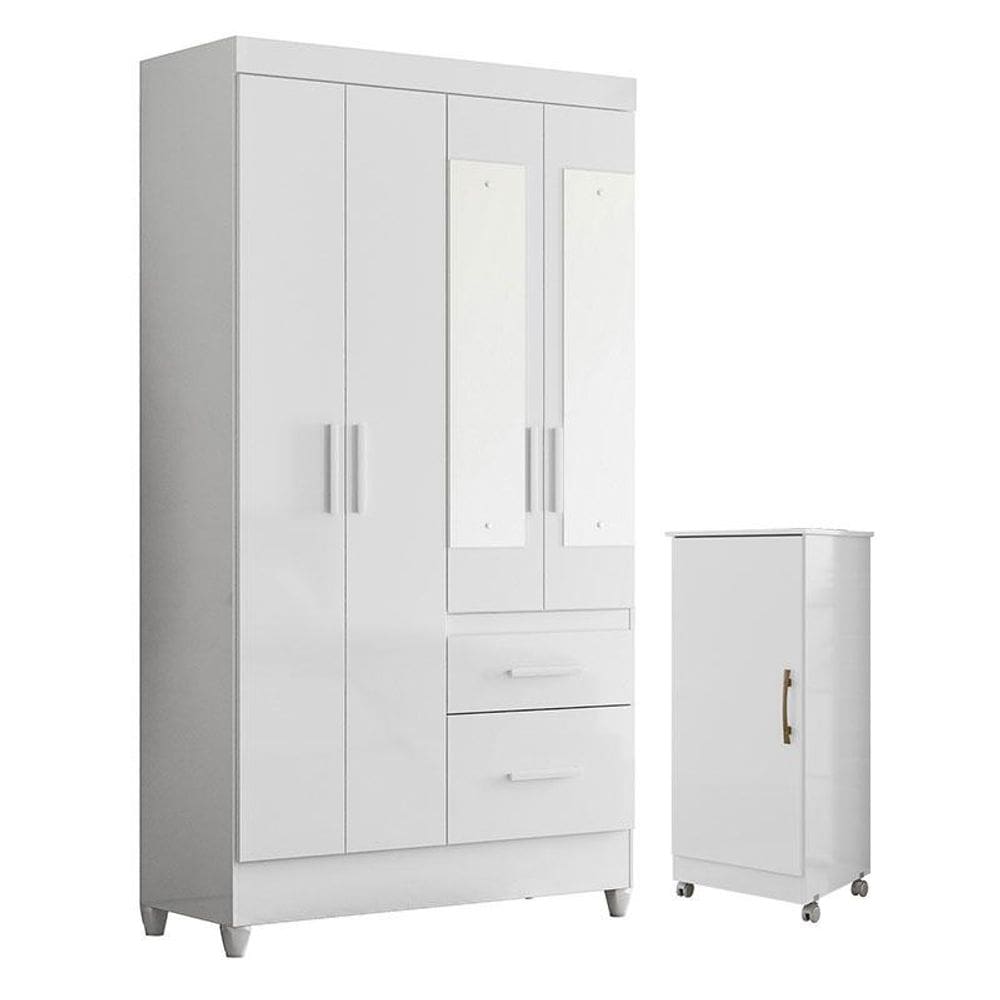 Guarda Roupa Solteiro Madri com Espelho e Armário Multiuso Lírio Branco Brilho - Moval