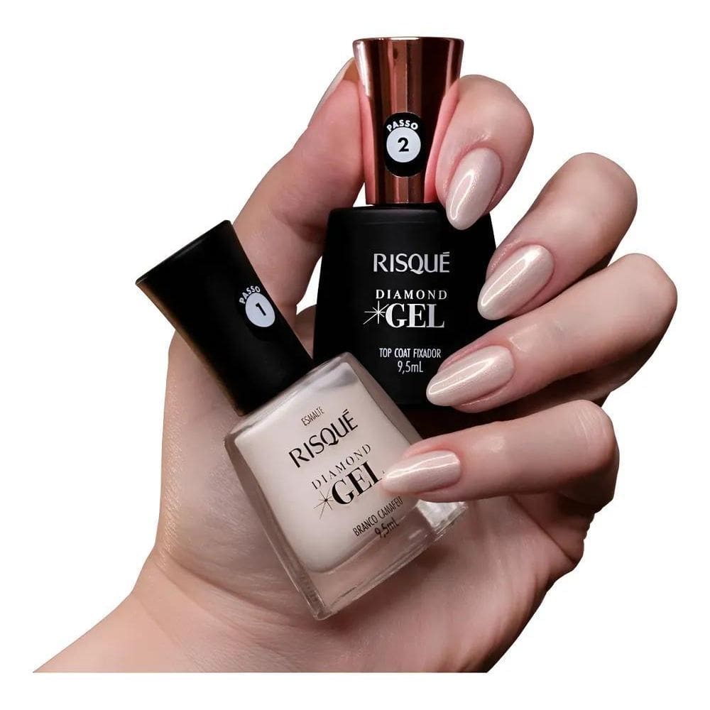 10X Esmalte Risque Diamond Gel Branco Camafeu + Top Coat