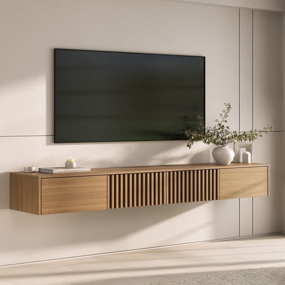 Rack Suspenso para Tv até 75 Polegadas Portas Ripadas 210cm Aruá Cabecasa Madeiraoriginals Jatoba