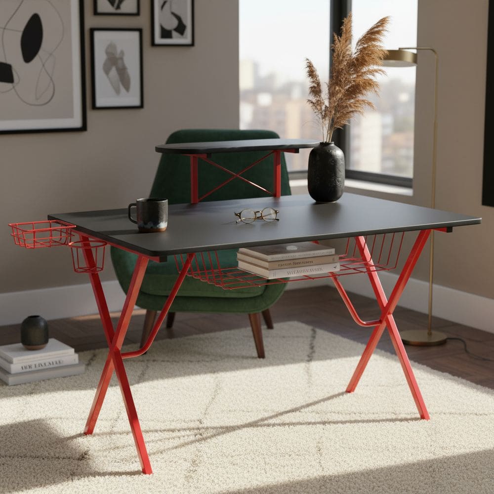 Mesa Gamer Com Mesa De Apoio Preta E Vermelha 120x62x95 Cm