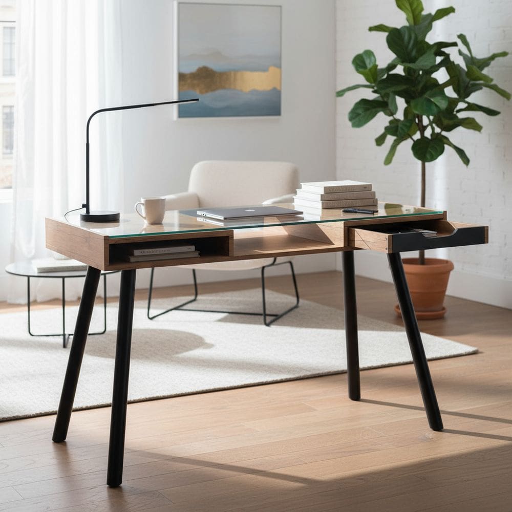 Mesa De Escritorio Com Madeira E Vidro 120x76x80 Cm