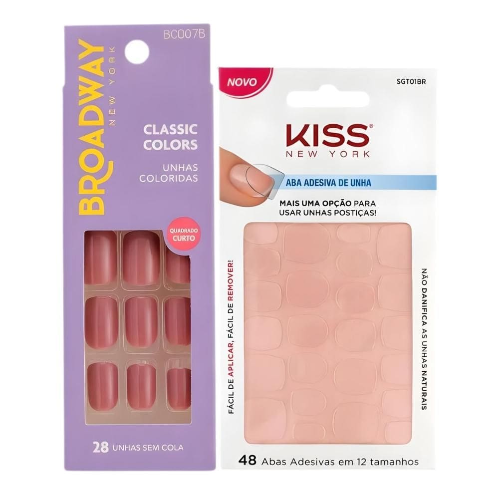 Kit Kiss New York: Unhas Postiças Quadrado Curto Smoothie e Abas Adesivas Unhas