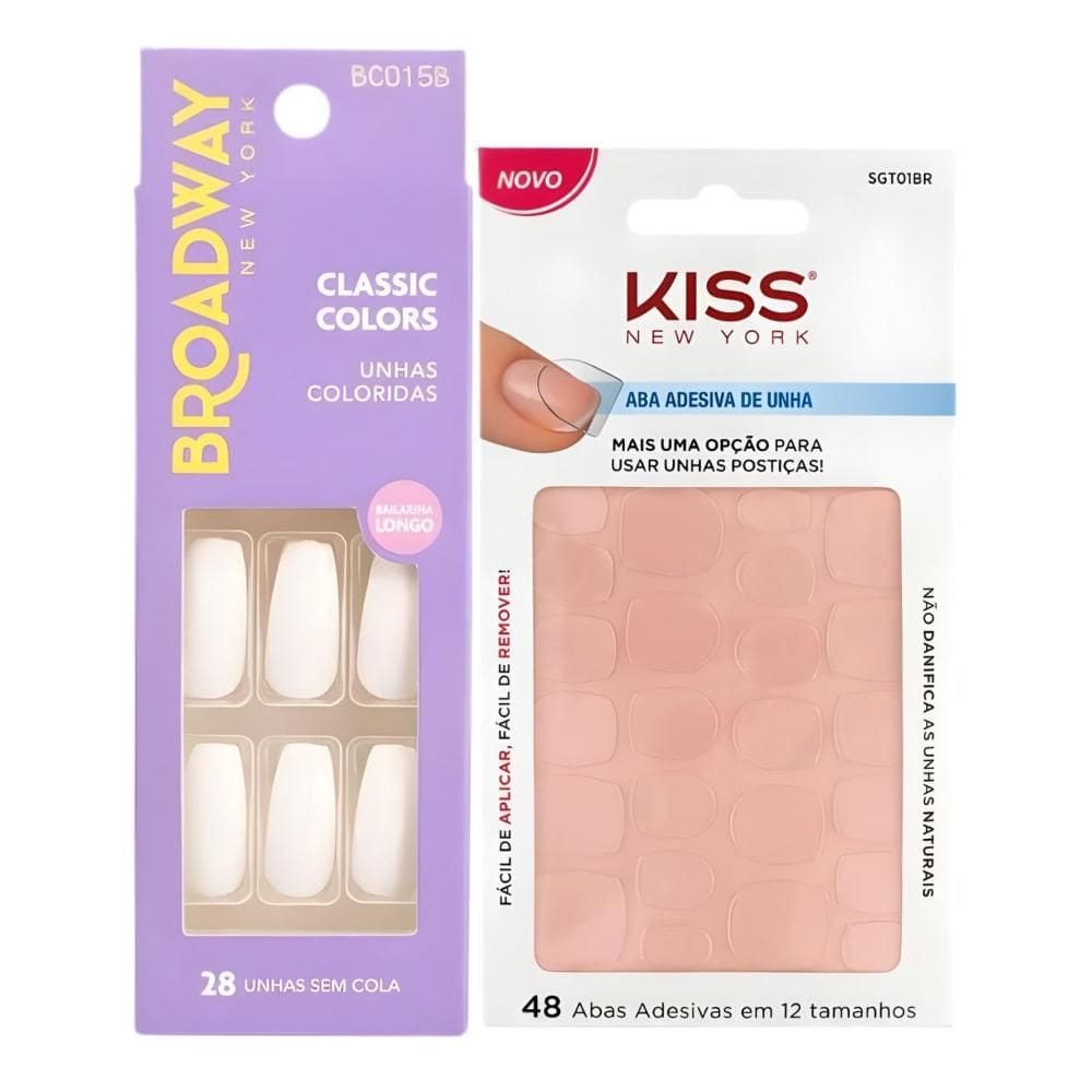 Kit Kiss New York: Unhas Postiças Bailarina Longo Denim e Abas Adesivas De Unhas