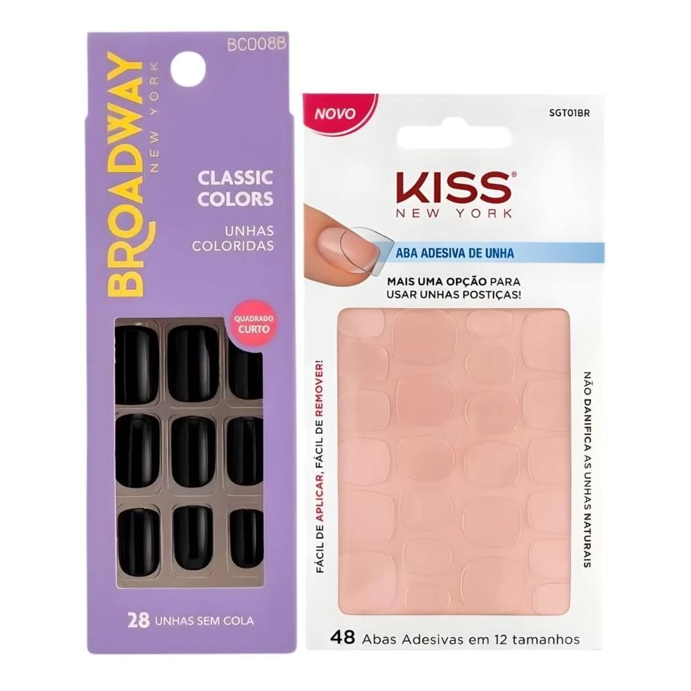 Kit Kiss New York: Unhas Postiças Quadrado Curto Matcha e Abas Adesivas Unhas