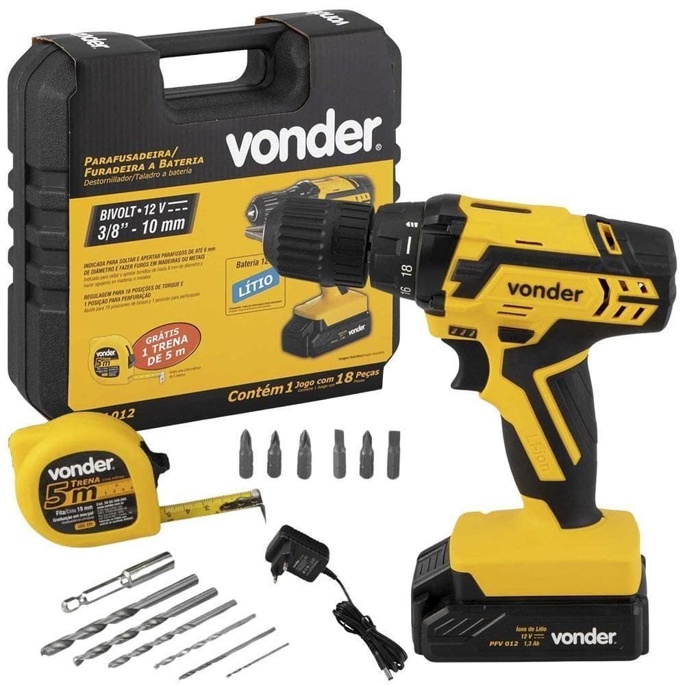 Furadeira E Parafusadeira à Bateria 12v Bivolt Pfv 012 Com Kit De Brocas E Bits Vonder Bivolt