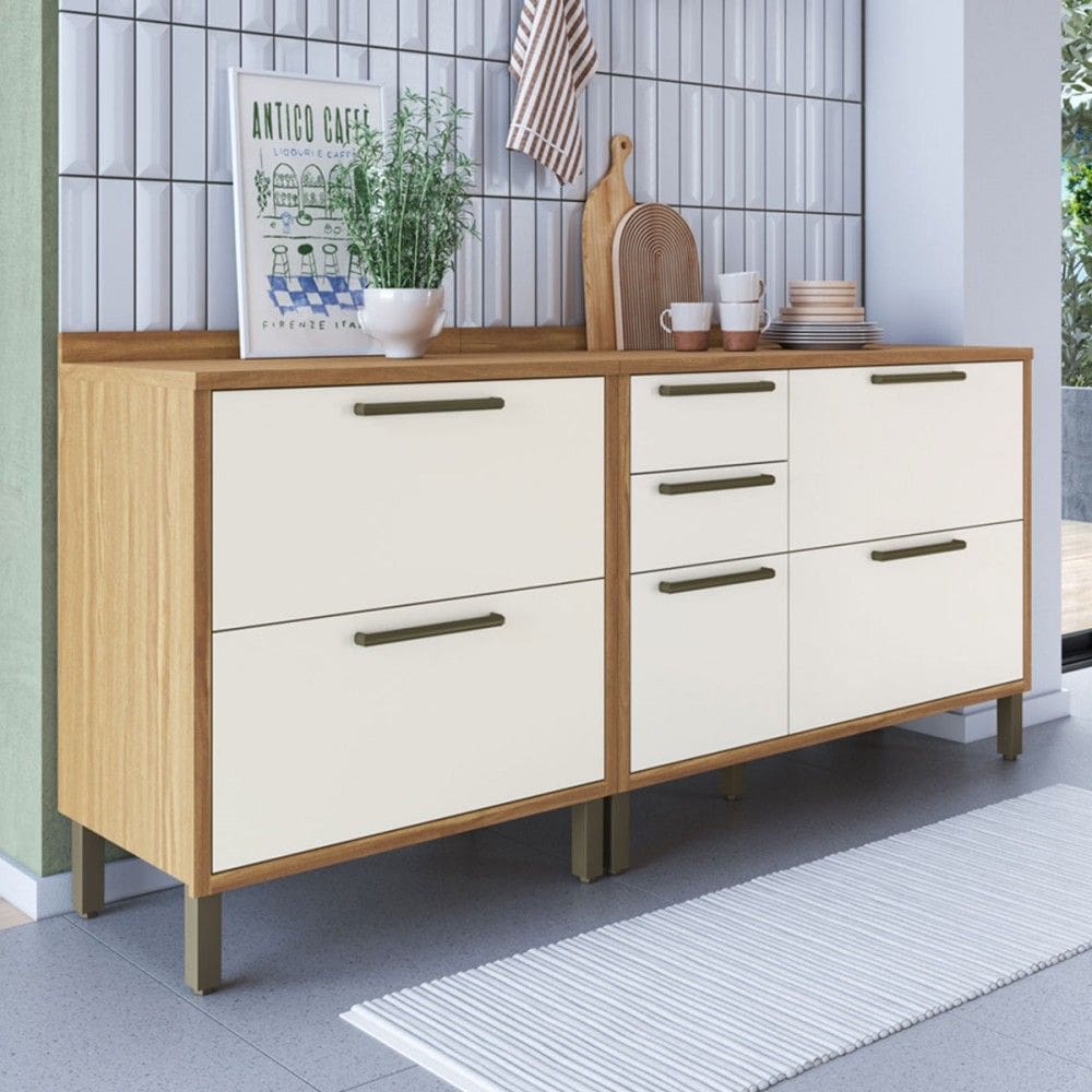 Armário de Cozinha com Balcão e Tampo 3 Portas 4 Gavetas Pérola 100% Mdf Vidro Reflecta Amêndoa/Off White - Pnr Móveis