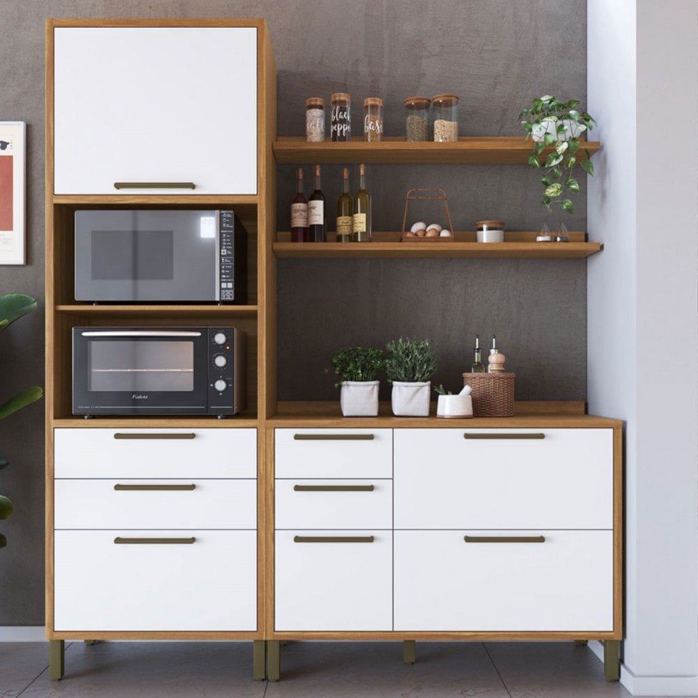 Armário de Cozinha com Balcão e Tampo 4 Portas 5 Gavetas Pérola 100% Mdf Vidro Reflecta Amêndoa/Branco - Pnr Móveis