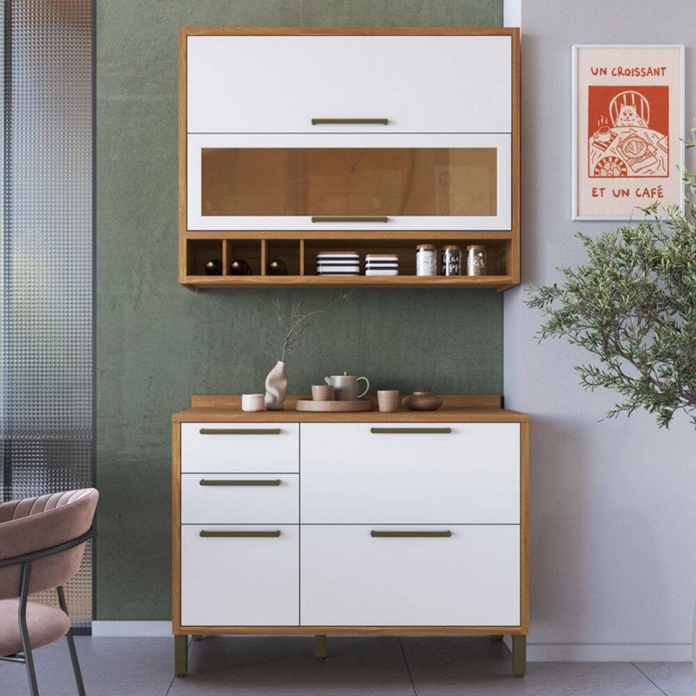 Armário de Cozinha Modulada com Balcão e Tampo 4 Portas 3 Gavetas ágata 100% Mdf Vidro Reflecta Amêndoa/Branco - Pnr Móveis