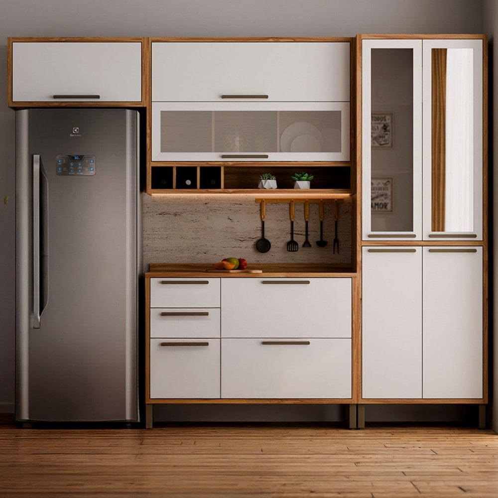 Armário de Cozinha com Balcão e Tampo 9 Portas 3 Gavetas Pérola 100% Mdf Vidro Reflecta Amêndoa/Branco - Pnr Móveis