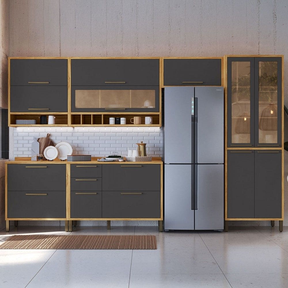 Armário de Cozinha com Balcão e Tampo 12 Portas 4 Gavetas Pérola 100% Mdf Vidro Reflecta Amêndoa/Cinza - Pnr Móveis