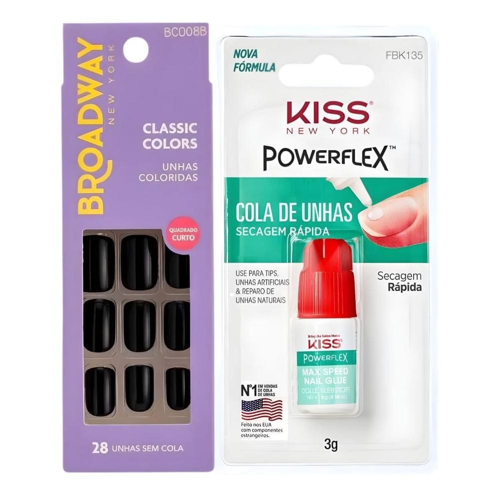Kit Kiss New York: Unhas Postiças Quadrado Curto Matcha e Cola De Unhas 3g