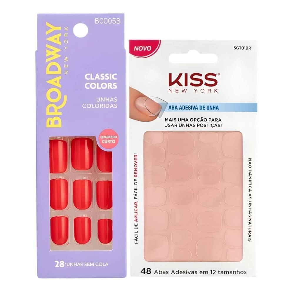 Kit Kiss New York: Unhas Postiças Quadrado Curto Vintage e Abas Adesivas Unhas