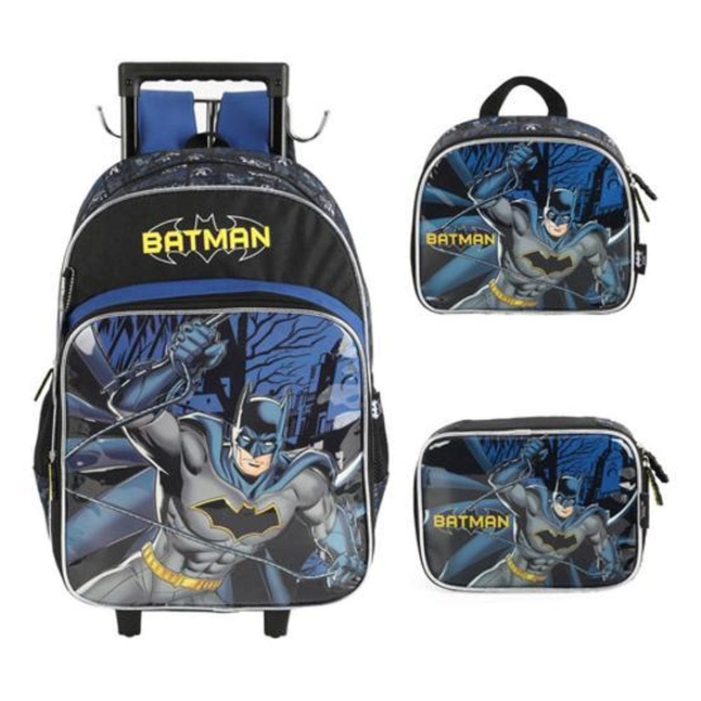 Kit Mochila Carrinho Com Alça Lancheira E Estojo Batman