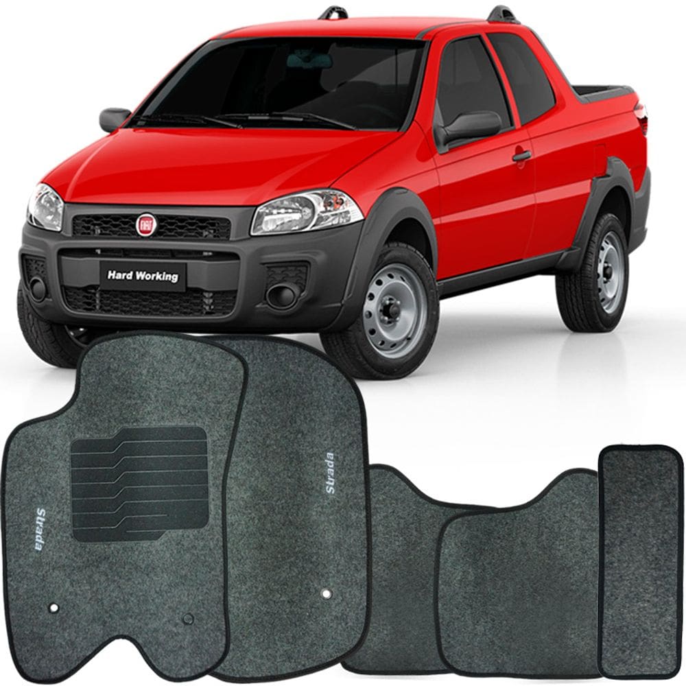Jogo de Tapete Automotivo Carpete Fiat Strada Cabine Dupla 2013 à 2019 Soft Logo Bordado Grafite