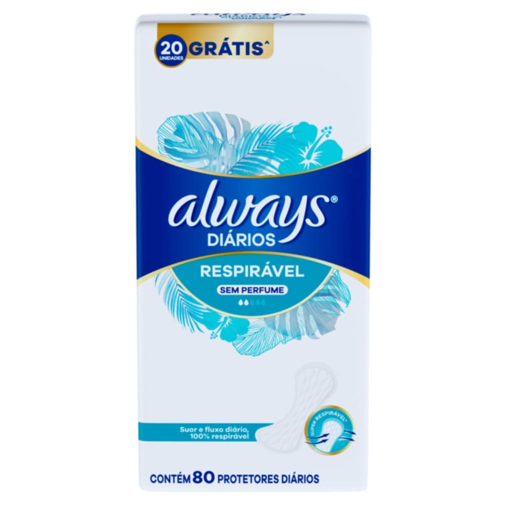 Protetor Diário Always Diários Respirável Sem Perfume com 80 Unidades